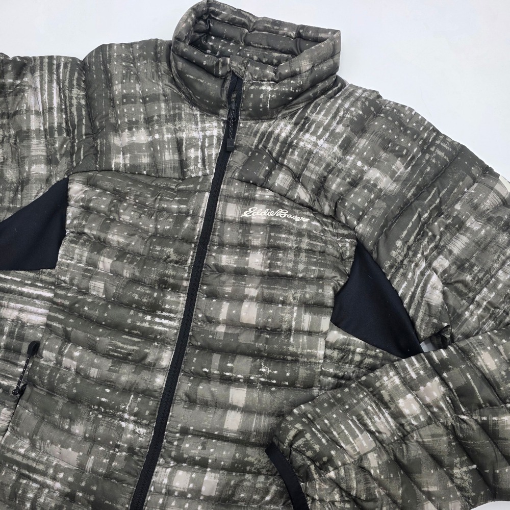 EDDIE BAUER STORMDOWN 800 GOOSE DOWN PUFFER JACKET WOMENS SMALL GRAY BLACK EUC